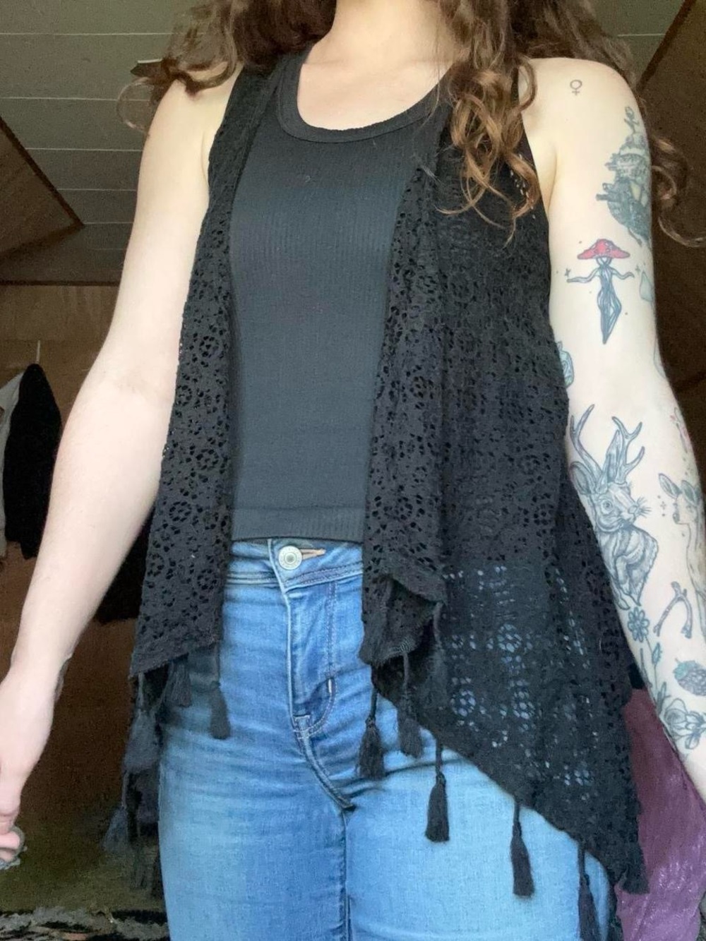 Justice Black Fringe Festival Semi Sheer Floral Lace Sleeveless Vest Cardigan